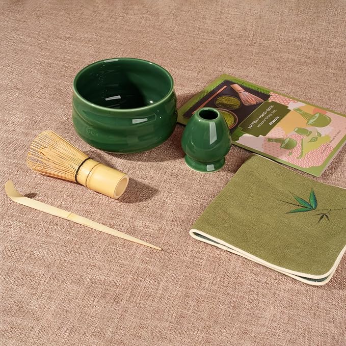 Matcha Whisk Set – Ceramic Matcha Set with Matcha Bowl, Matcha Whisk & Holder, Bamboo Scoop, Tea Towel – 5-Piece Japanese Matcha Kit for Matcha Lovers, Beginners & Gifting (Green, 20oz)