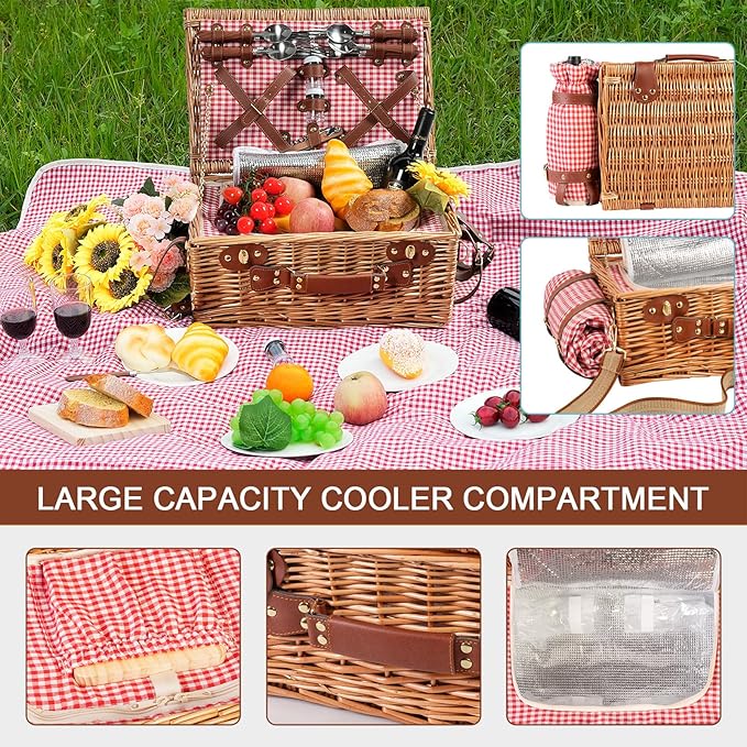 Wicker Picnic Basket Set for 4 Person with Cooler Compartment and Waterproof Picnic Blanket,Removable Strap,Wine Bag,Cutlery Set,for Camping,Day Travel,Beach,Hiking,BBQ and Family/Couples Gifts (Red)