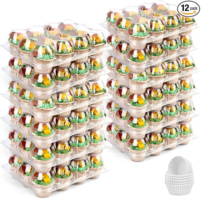 LotFancy (12 Count x 12 Sets) Cupcake Containers with 144 Liners, Thick Plastic Cupcake Boxes Holders, BPA Free, Disposable Cupcake Carrier with Detachable Tall Dome Lid
