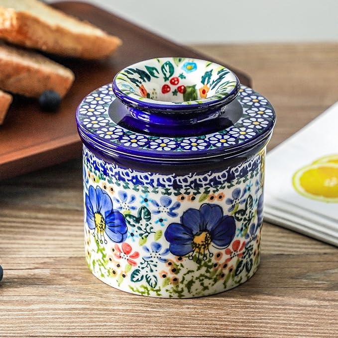 French Butter Crock with Lid for Countertop,Handpainted Floral Butter Keeper with Water Seal Line, Farmhouse Ceramic Butter Container Airtight for Soft Spreadable Butter,Housewarming Gifts