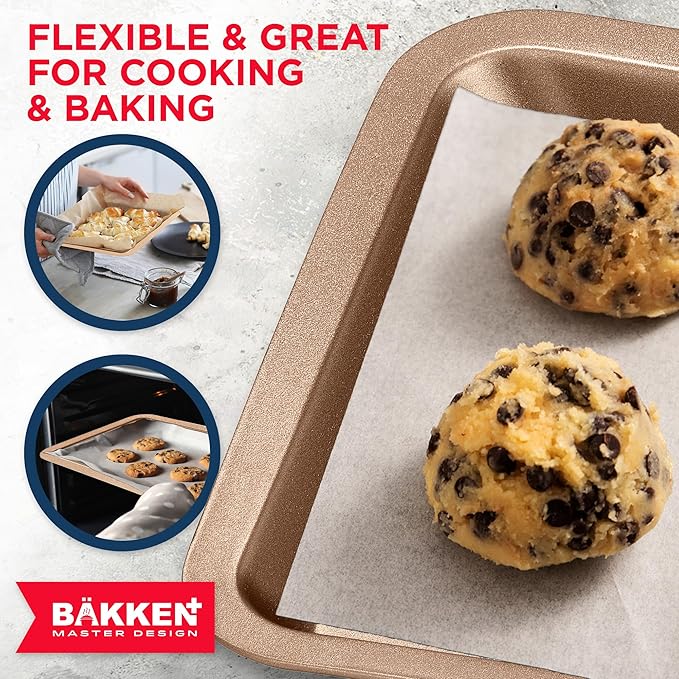 BAKKEN Kitchen Baking Pans - Nonstick Brown Coating, 13.18’’ × 8.66’’ Commercial Grade Carbon Steel Cookie Sheet, Baking Kitchen Essentials, PFOA, PFOS, PTFE Free, Oven Safe Tray (450° F), Brown