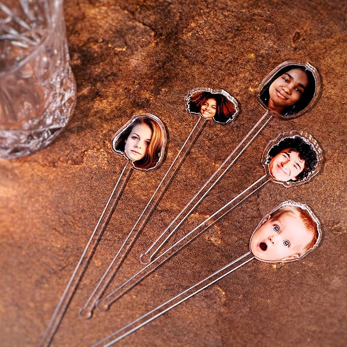 Custom Photo Face Stir Sticks Pack 5-500pcs, Personalized Acrylic Drink Stirrers with Your Photo, Dog, Cat, Logo or Face, Custom Cocktail Swizzle Sticks for Birthday & Graduation Decor