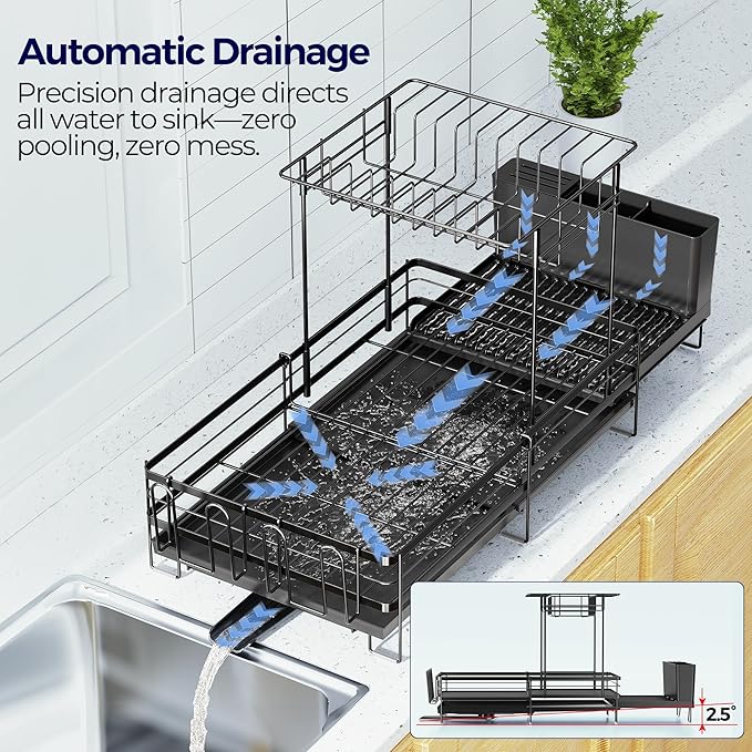 Large Dish Drying Rack, Expandable Dish Rack for Kitchen Counter, Dish Drainer with Drainboard Set, Multifunctional Dishrack with Utensil & Cup Holder, 13.4"-28.7" L x 11.8" W x 9.3" H, Black