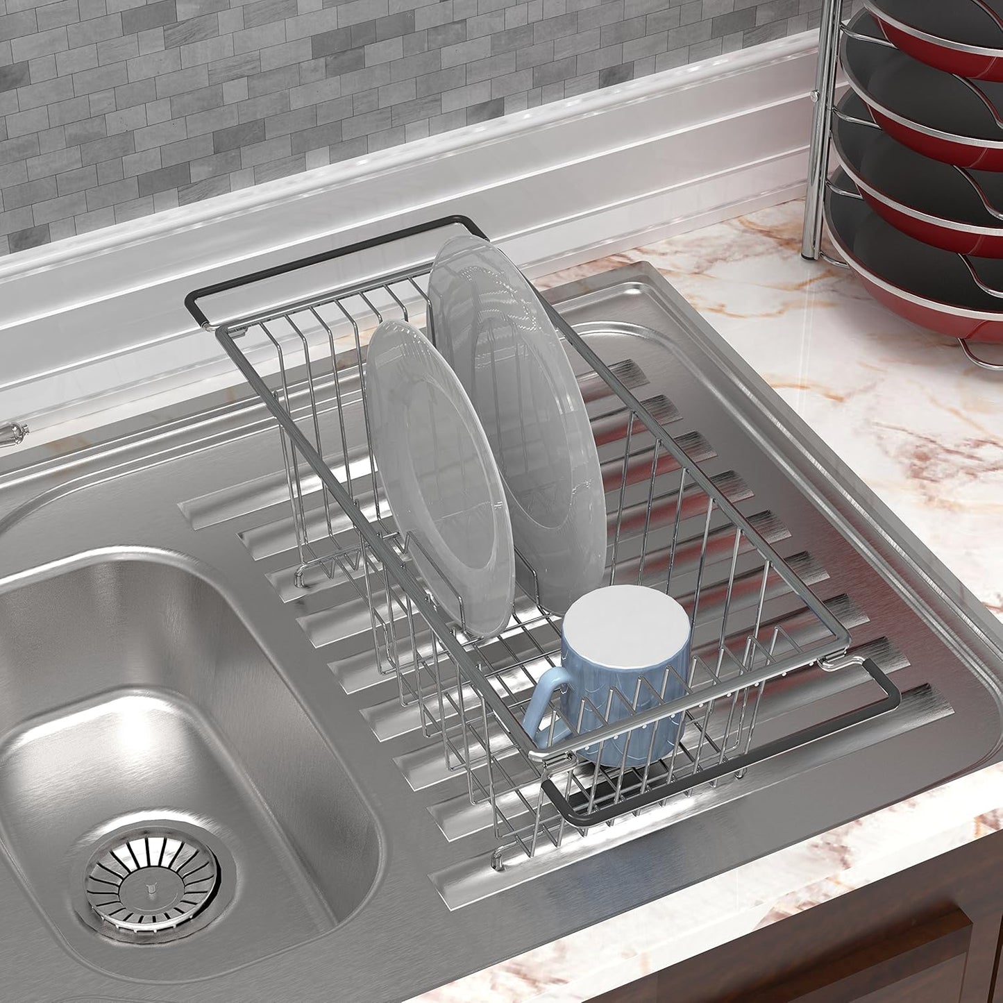 Simple Houseware Over Sink Counter Top Stainless Steel Dish Drainer Drying Rack, Chrome