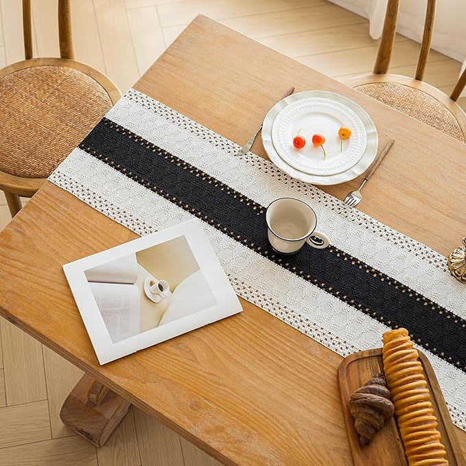 FEXIA Boho Table Runner for Christmas Home Decor with Tassels 72 Inches Long Farmhouse Rustic Black Halloween Table Runner Macrame Burlap Table Decoration for Living Room Bridal Shower(12x72 Inches)