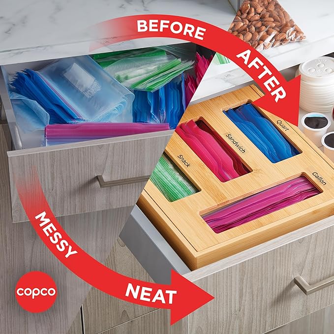 Copco 4 Compartment Storage Organizer for Gallon, Quart, Sandwich, and Snack Bags with Clear Labels, With In Drawer or Wall Mounting Feature For Space Saving