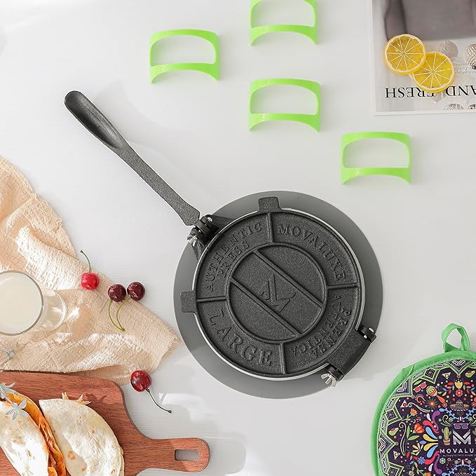 Movaluxe® Tortilla Press 8 Inch Cast Iron LARGE – Corn & Flour Roti Maker Machine Heavy Duty Tortillera Presser. With Parchment Paper, Warmer Pouch, Taco Holders, Rubber Mat & Digital Culinary Guide