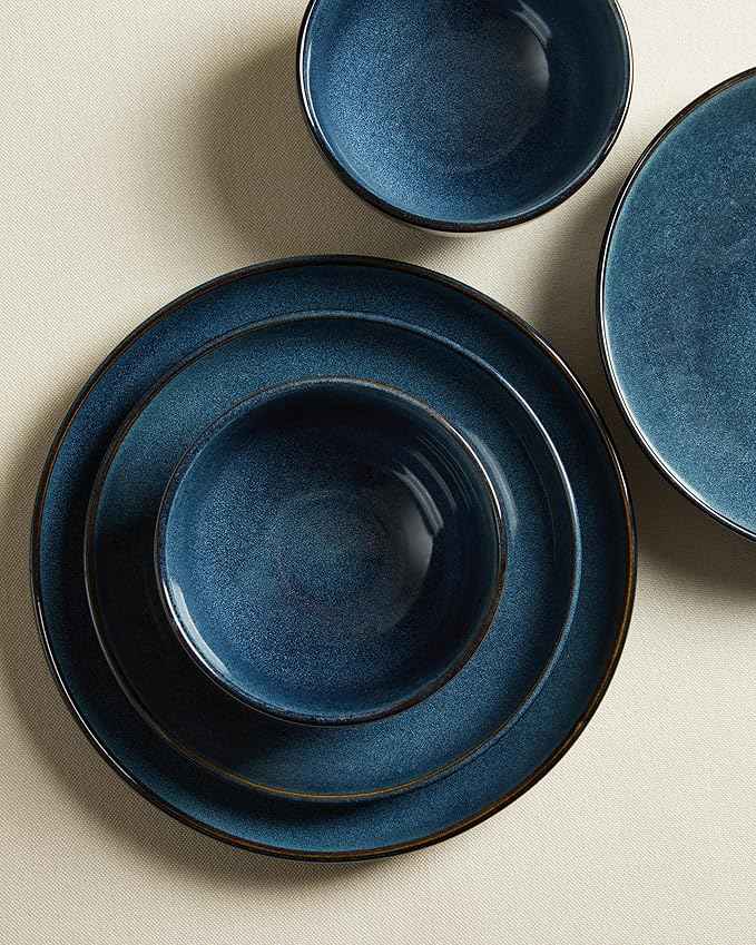 Stoneware Dinnerware Sets Service for 4, 12 pcs Reactive Glaze Plates and Bowls Sets, Handmade Ceramic Dish Set, Highly Chip and Crack Resistant Modern Plate Set, Starry Blue