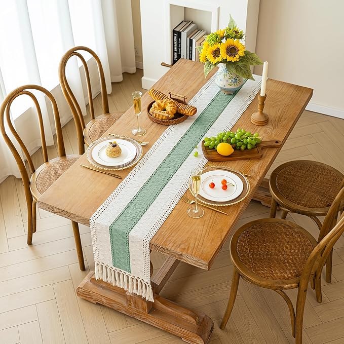 FEXIA Boho Table Runner for Home Decor with Tassels 108 Inches Long,Sage Green Farmhouse Rustic Table Runner Macrame Burlap Table Decoration for Living Room Bridal Shower(12x108 Inches)