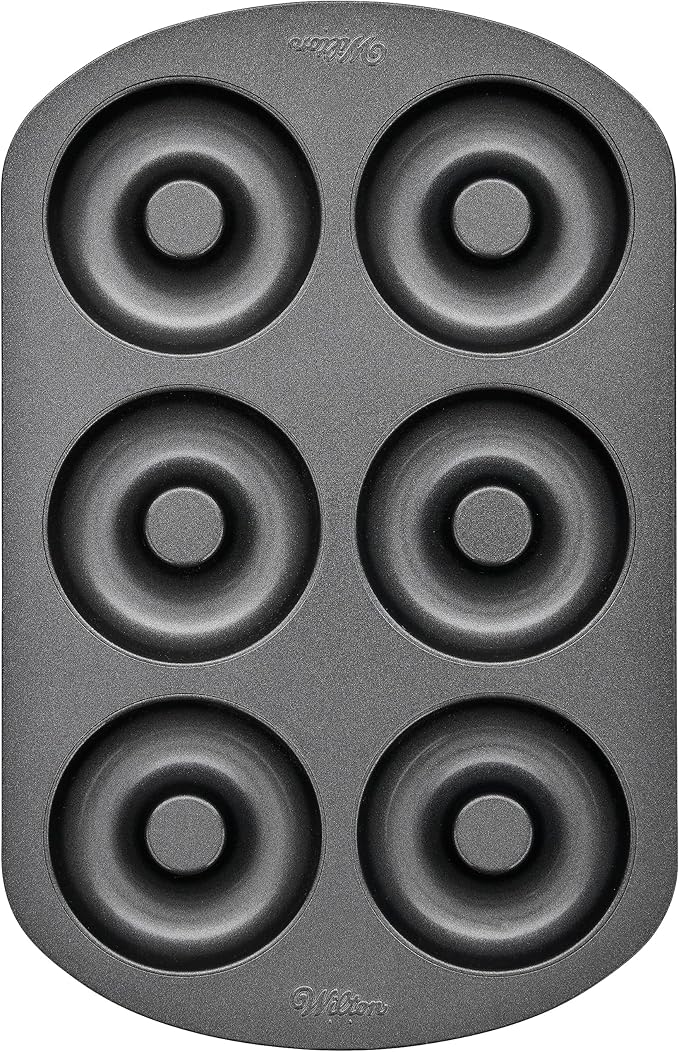 Wilton 6-Cavity Doughnut Baking Pan, Makes Individual Full-Sized 3 3/4" Donuts or Baked Treats, Non-Stick and Dishwasher Safe, Enjoy or Give as Gift, Metal (1 Pan)