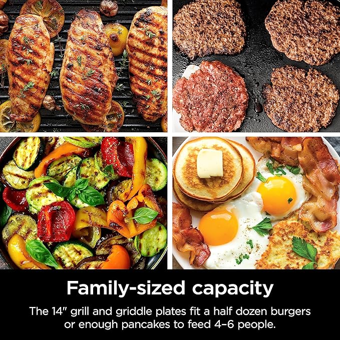 Ninja Griddle and Indoor Grill, 14’’, Electric Grill, For Steak, Burgers, Salmon, Veggies, and More, Pancake Griddle, Nonstick, Dishwasher Safe, 500F, Even Cooking, Silver, GR101
