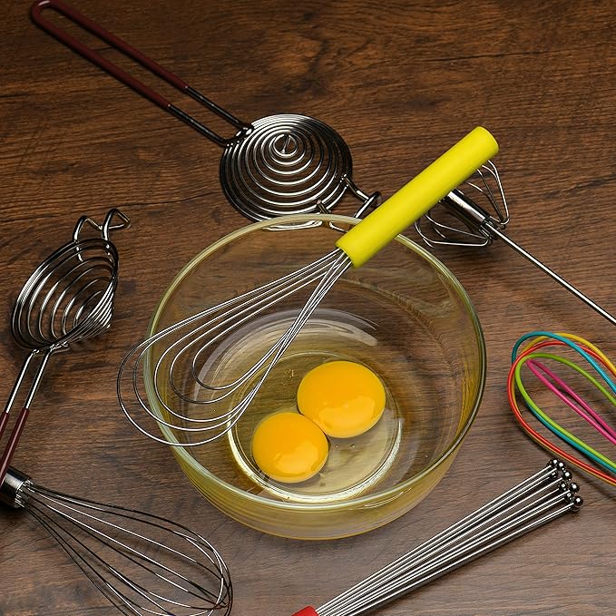 Flat Whisk Silicone Handle Non Slip 10" - 5 Wires Whisk with 10 Heads for Kitchen Cooking by Jell-Cell (Yellow)