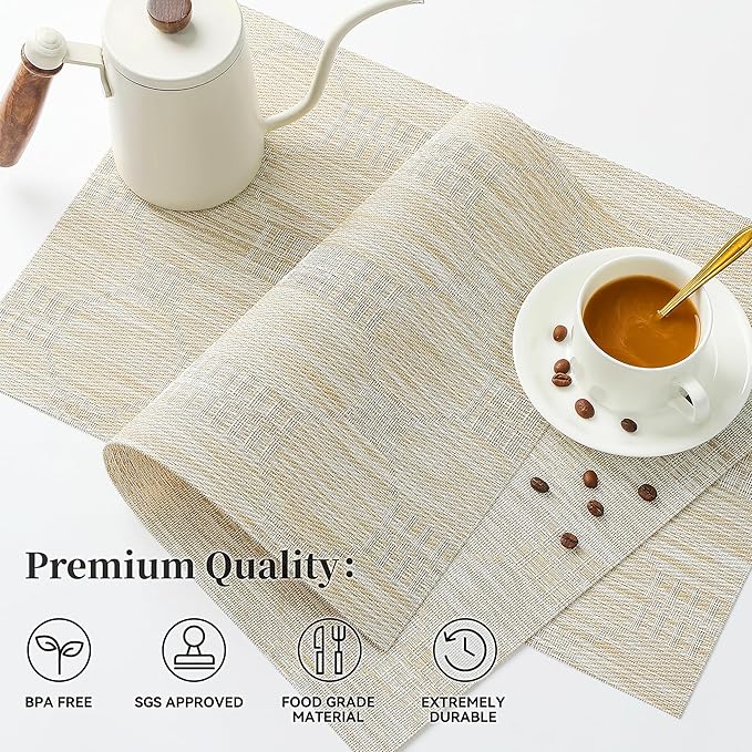 Leetaltree Wheat Placemats Set of 4 - Heat Resistant Non-Slip Place mats for Dining Table, Washable Durable PVC Vinyl Woven Table Mats（Wheat, 4）