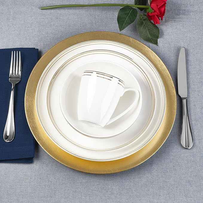 Everyday White by Fitz and Floyd Nevaeh Bone China Coupe Gold Bands Dinnerware Set, Service for 4
