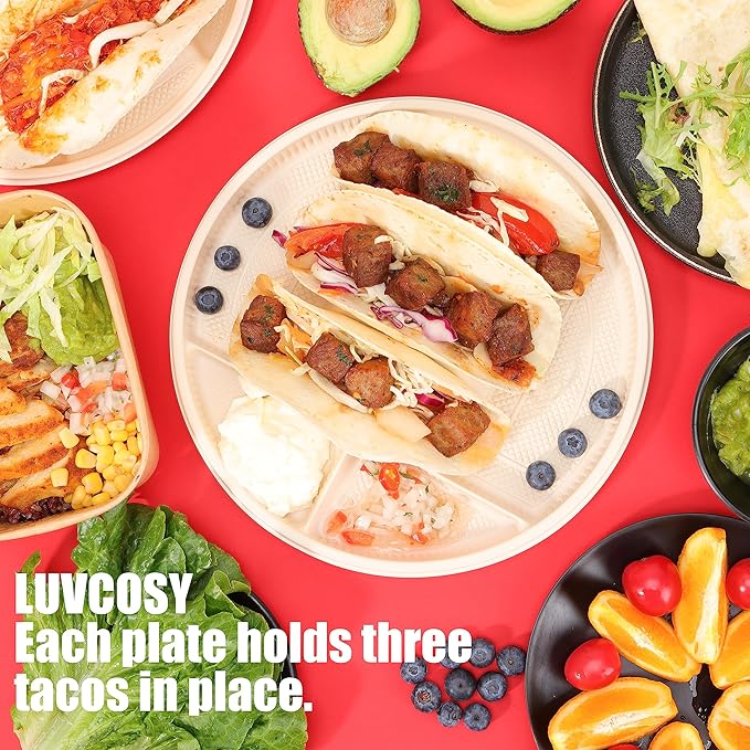 Large Disposable Taco Plates With Dipping Sides - 20 Pack, Biodegradable Cornstarch Taco Holder, Big Size Fit 6-8 Inch Soft & Hard Tortilla, Sturdy & Microwave Safe, Bar Serving Set For A Party