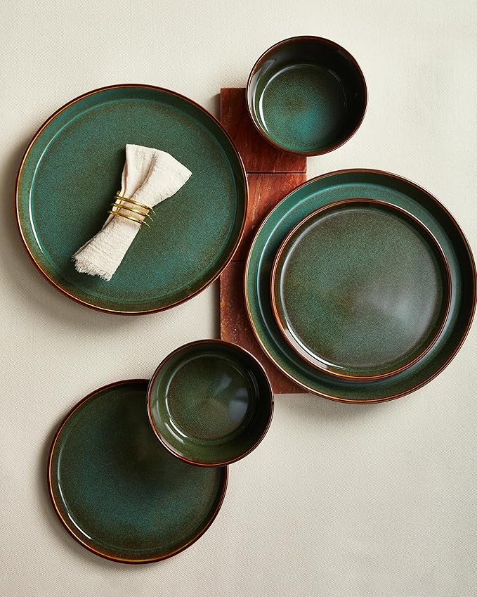 Pokini Plates and Bowls Sets for 4, Ceramic Dinnerware Sets, Kitchen Dish Set, Microwave & Dishwasher Safe Dishware, Highly Durable Hand Glazed Dinner Set, Brown Green
