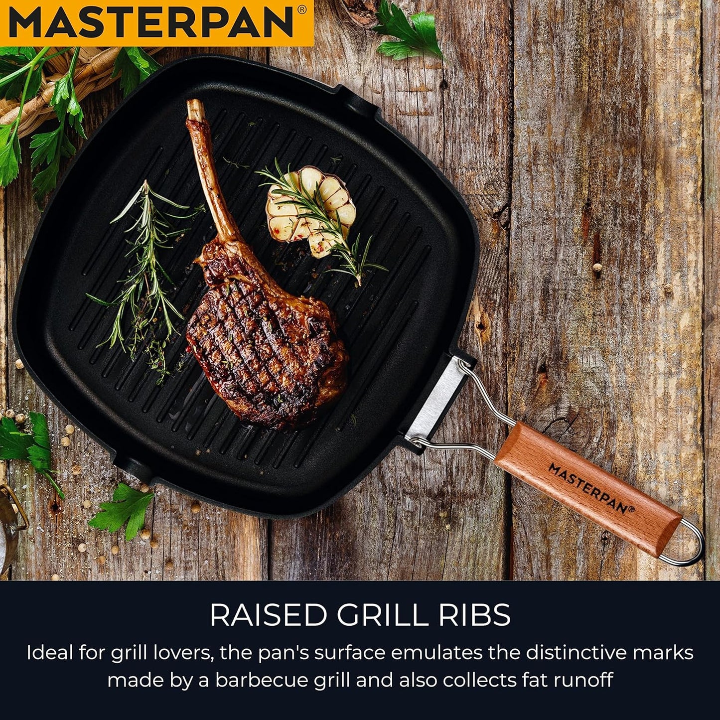 Non-Stick Grill Pan Wooden, 11", Folding Handles