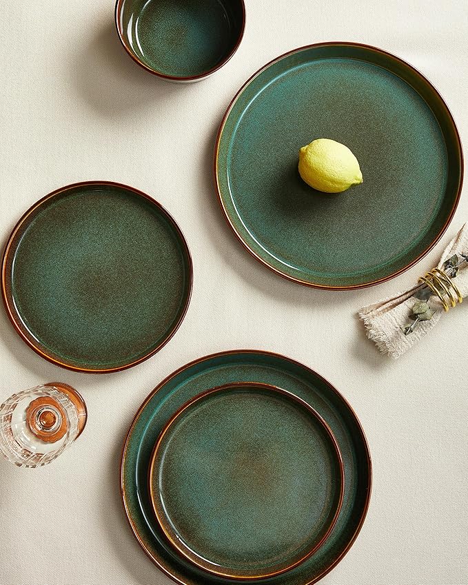 Pokini Plates and Bowls Sets for 4, Ceramic Dinnerware Sets, Kitchen Dish Set, Microwave & Dishwasher Safe Dishware, Highly Durable Hand Glazed Dinner Set, Brown Green
