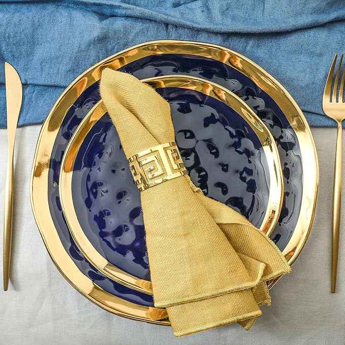 Stone Lain Florian Modern Porcelain Dish Set, 32-Piece Dishes for 8, Gold and Blue