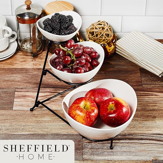 Sheffield Home 3 Tier Stoneware Large Serving Bowls Set with Metal Stand - Microwave & Dishwasher Safe Fruit Bowl & Chip and Dip Servings Set - Serving Dishes for Party, Kitchen & Side Dishes (White)