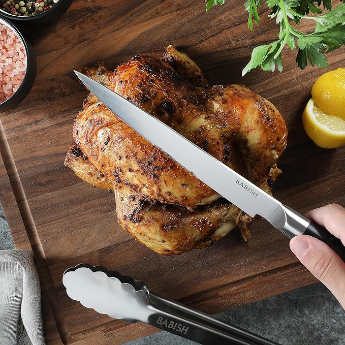 Babish 8-Inch Forged Carving Knife – High-Carbon 1.4116 German Steel Full Tang Kitchen Knife for Precision Meat and Poultry Slicing