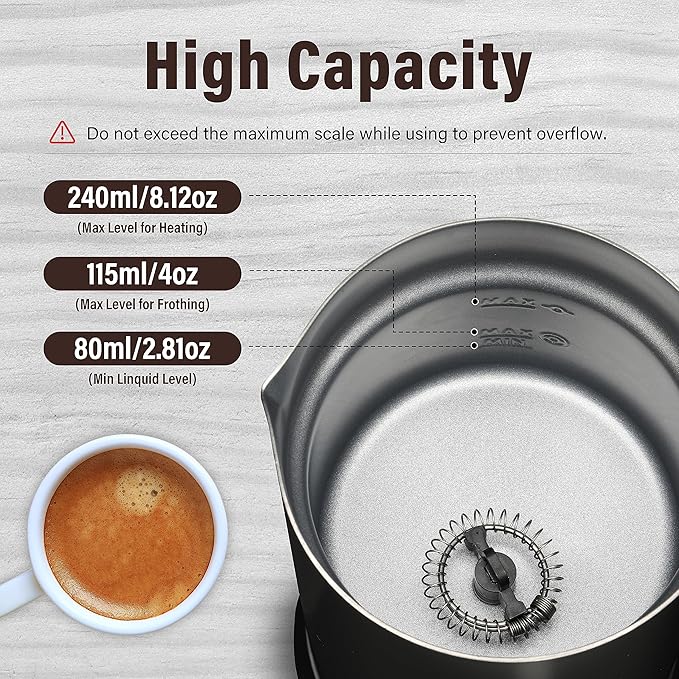 YSSOA Electric Milk Frother Handheld with Stainless Steel Stand Battery Operated Whisk Drink Mixer for Coffee, Frappe, Latte, Matcha, Hot Chocolate, Black (240ml/8.12oz, Classic Black)