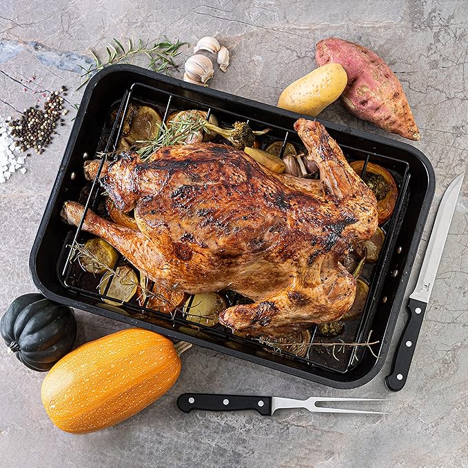 Moss & Stone 16.5” Roasting Pan with Rack – Heavy Duty Nonstick Carbon Steel Turkey Roaster, Large Rectangular Oven Pan with V-Rack, Bonus Carving Fork & Chef Knife