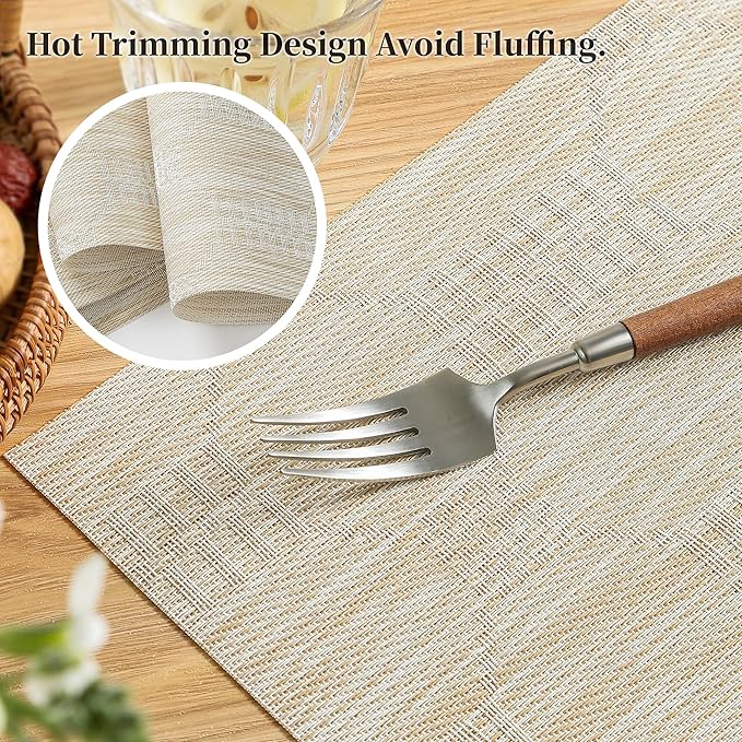 Leetaltree Wheat Placemats Set of 8 - Heat Resistant Non-Slip Place mats for Dining Table, Washable Durable PVC Vinyl Woven Table Mats（Wheat, 8）