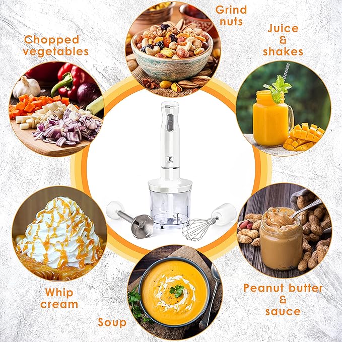 Moss & Stone Hand Blender With Egg Whisk & Chopper, Powerful 300 Watt - Stick Blender, Hand Mixer Set Stainless Steel Shaft & Blades, White Handheld Blender With Ergonomic Handle