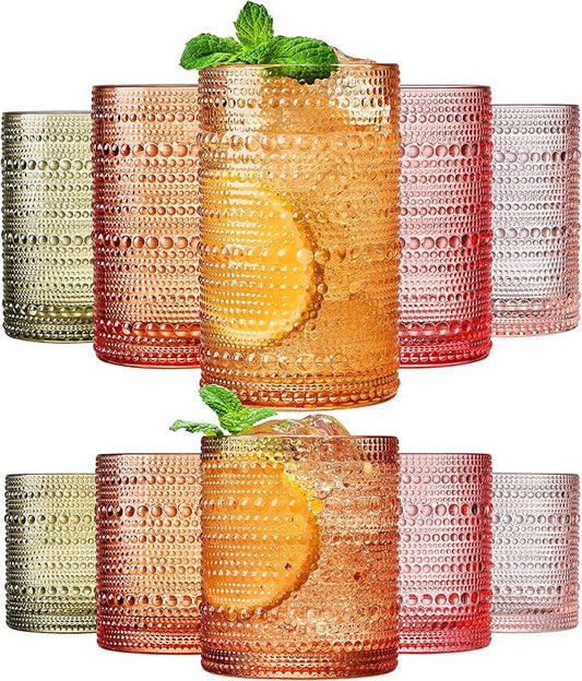 Hobnail Beaded Highball Drinking Tumbler Glasses | Set of 10 | Color, Vintage Bubble Design Whiskey Glassware, Old-Fashioned, Embossed Design, Water, Wine, Cocktail Embossed Heavy Glass, Rocks Glass