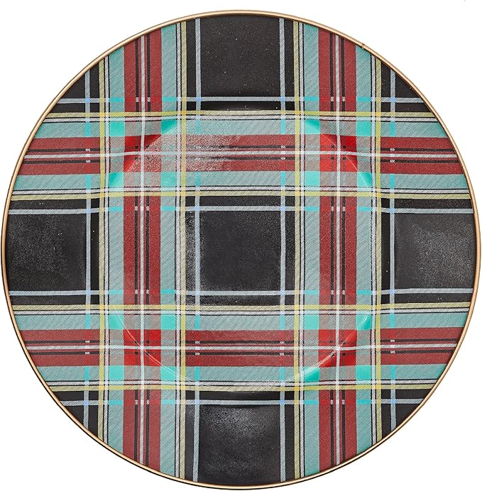 MACKENZIE-CHILDS Enamel Dinner Plate, Decorative Dinnerware Plate, 10 Inches, Black Tartan