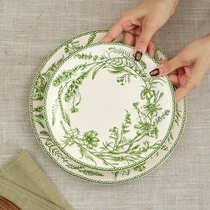 Bico Green Garden Toile De Jouy Dinner Plates Set of 4, 11 Inch Large Ceramic Plates for Pasta, Steak, Stylish Serving Dishes, Microwave and Dishwasher Safe, Gift for Housewarming and Thanksgiving