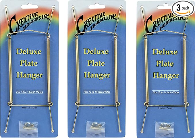 Creative Hobbies Deluxe Plate Display Hangers, Spring Style - Assembled & Ready to Use - Hold 10 to 14 Inch Plates- Gold Wire Spring Type, Hanger Hooks & Nails Included - Pack of 3 Hangers