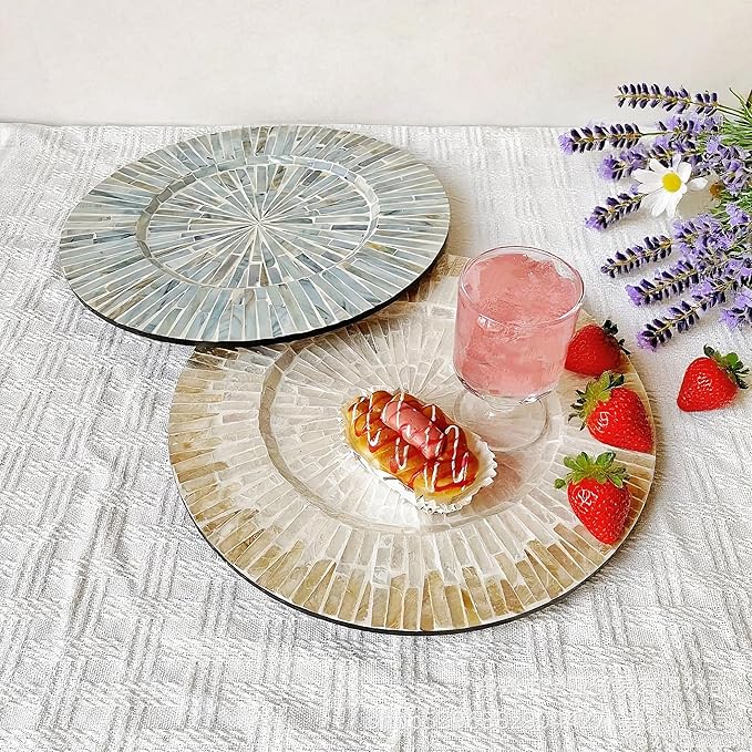 13 Inch Mother of Pearl Shell Placemat Plate – Large Round Decorative Heat for Table or Kitchen,Cabinet, Tabletop (Champagne White, 13 Inch)