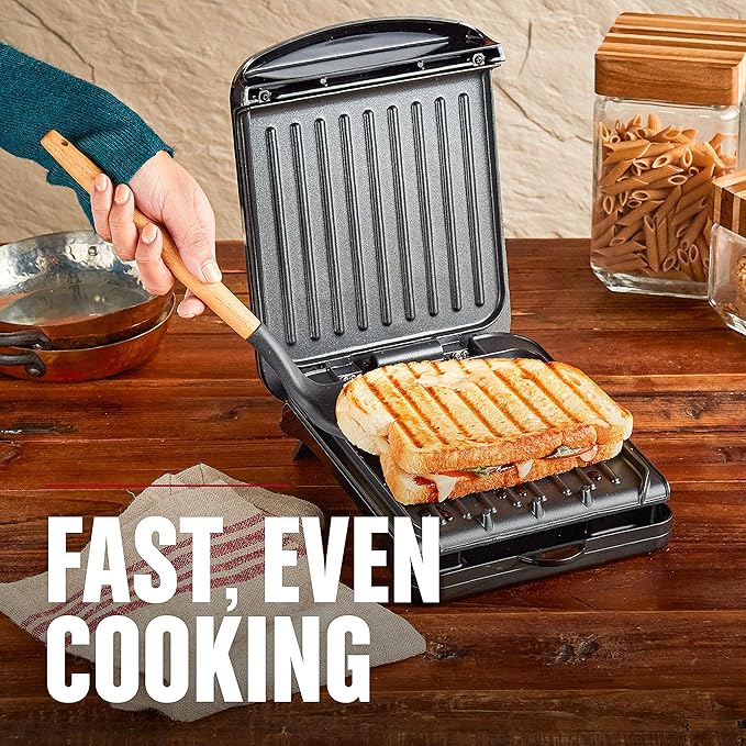 George Foreman Compact 2-Serving Electric Indoor Grill and Panini Press for 1–2 People, Classic Plates, Black