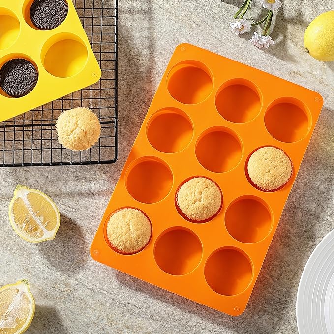 2 Pcs Oreo Chocolate Cookie Silicone Molds, 12-Cavity Round Silicone Mold, Baking Mold for Oreo, Chocolate, Cookie, Candy, Mini Cake, Jelly (Orange + Yellow)