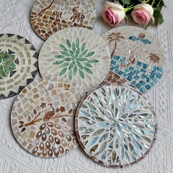 12 Inch Mother of Pearl Shell Placemat Plate – Large Round Decorative Heat for Table or Kitchen, Cabinet, Tabletop (Green Leaves, 12 Inch)