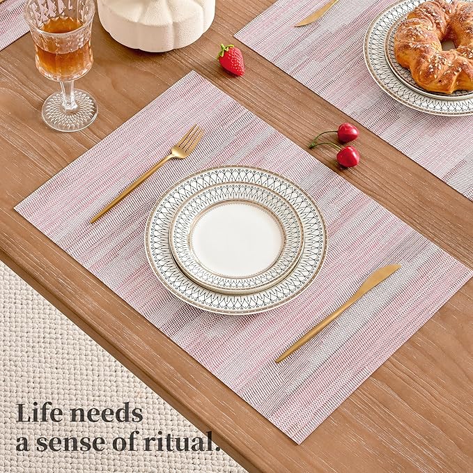 Leetaltree Misty Rose Placemats Set of 8 - Heat Resistant Non-Slip Place mats for Dining Table, Washable Durable PVC Vinyl Woven Table Mats（Misty Rose, 8）