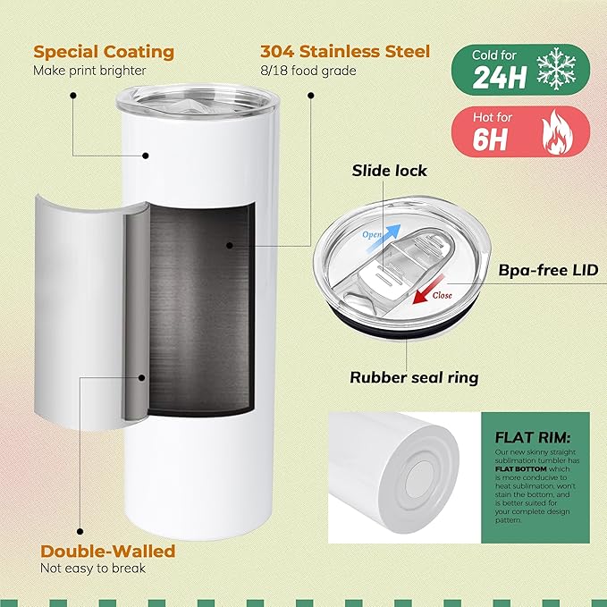 Joyclub 1 Pack Sublimation Tumbler 20 oz Bulk Blank Tumblers Skinny Straight Flat Bottom Cups White with Lid and Straw