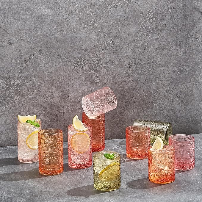 Hobnail Beaded Highball Drinking Tumbler Glasses | Set of 10 | Color, Vintage Bubble Design Whiskey Glassware, Old-Fashioned, Embossed Design, Water, Wine, Cocktail Embossed Heavy Glass, Rocks Glass