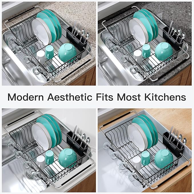 JASIWAY Dish Drying Rack in Sink, Expandable Stainless Steel Dish Drainers for Kitchen Counter, Space Saving Dish Dryer Rack with Drainboard, Over The Sink Dish Racks with Utensil Holder, Black