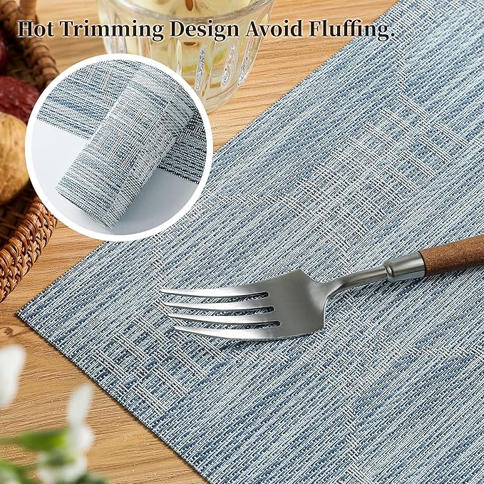 Leetaltree Jacquard Blue Placemats Set of 12 - Heat Resistant Non-Slip Place mats for Dining Table, Washable Durable PVC Vinyl Woven Table Mats（Jacquard Blue, 12）