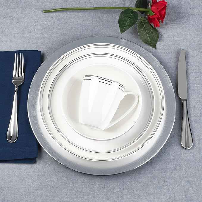 Everyday White by Fitz and Floyd Nevaeh Bone China Coupe Platinum Bands Dinnerware Set, Service for 4