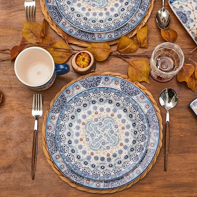 Bico Blue Talavera Dinner Plates Set of 4, 11 Inch Large Ceramic Plates for Pasta, Steak, Stylish Serving Dishes, Microwave and Dishwasher Safe, Gift for Housewarming and Thanksgiving