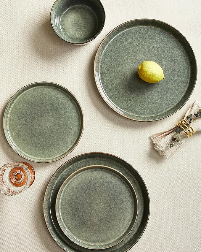 Pokini Dinnerware Sets, Microwave Safe Plates and Bowls Sets, Dishes Set for 4, Chip & Scratch Resistant Dinner Set, Reactive Glazed Farmhouse Dishware Sets, Green Wheat