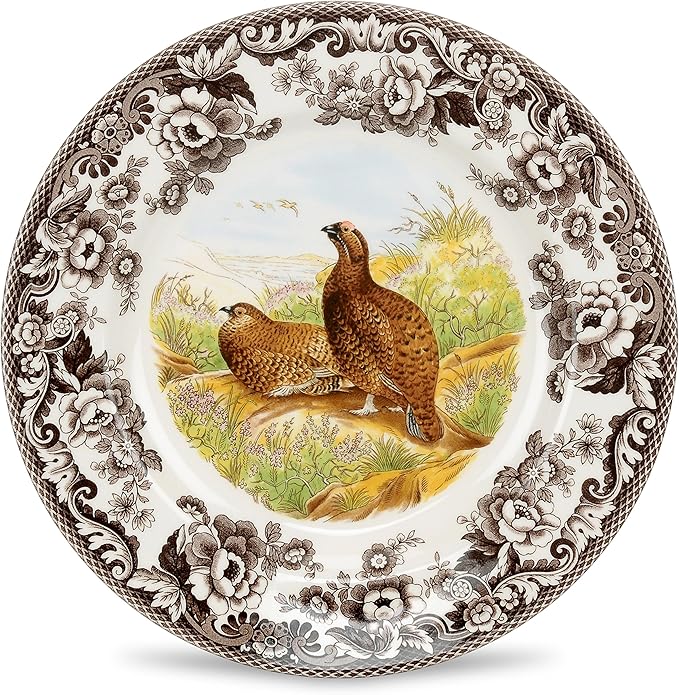 Spode Woodland Red Grouse Dinner Plate - 10.5" Fine Earthenware, British Flowers Border, Rustic Game Animal Design Made in England - Microwave, Freezer, Oven, Dishwasher Safe for Holiday Dining
