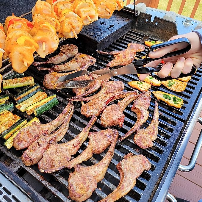 Shark BBQ Tongs for Steaks, 2-Pack 17" & 13" Professional Kitchen and Outdoor Grilling Utensil Set, by Shark BBQ Grill Tongs -(Black)