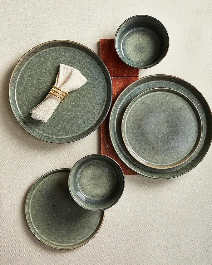 Pokini Dinnerware Sets, Microwave Safe Plates and Bowls Sets, Dishes Set for 8, Chip & Scratch Resistant Dinner Set, Handcrafted Farmhouse Dishware Sets, Green Wheat