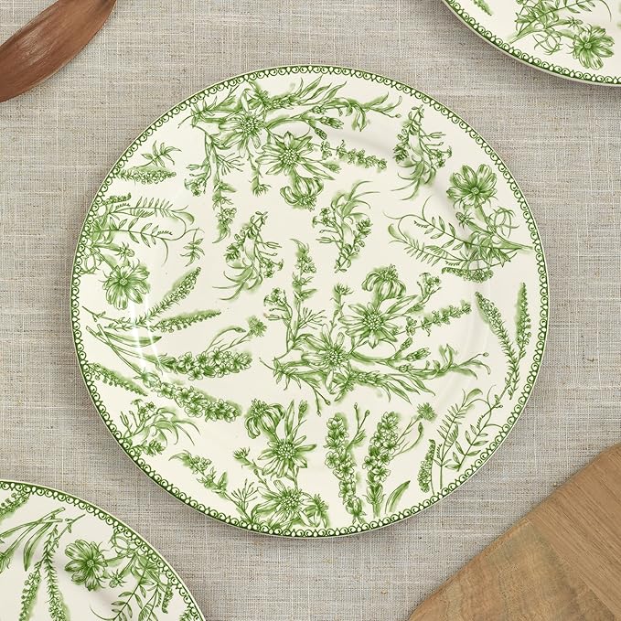Bico Green Garden Toile De Jouy Dinner Plates Set of 4, 11 Inch Large Ceramic Plates for Pasta, Steak, Stylish Serving Dishes, Microwave and Dishwasher Safe, Gift for Housewarming and Thanksgiving