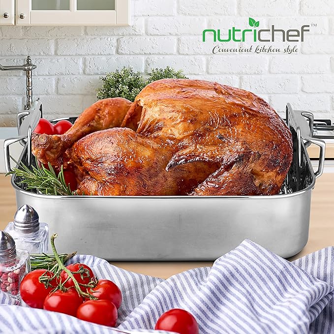 NutriChef Roasting Pan with Rack – Oven Safe Roaster w/Removable Polished Rack,Durable Warp-Resistant Bakeware, Wide Handles, Dishwasher Safe, PFOA-Free, Ideal for Turkey, Chicken, Meat & Vegetables